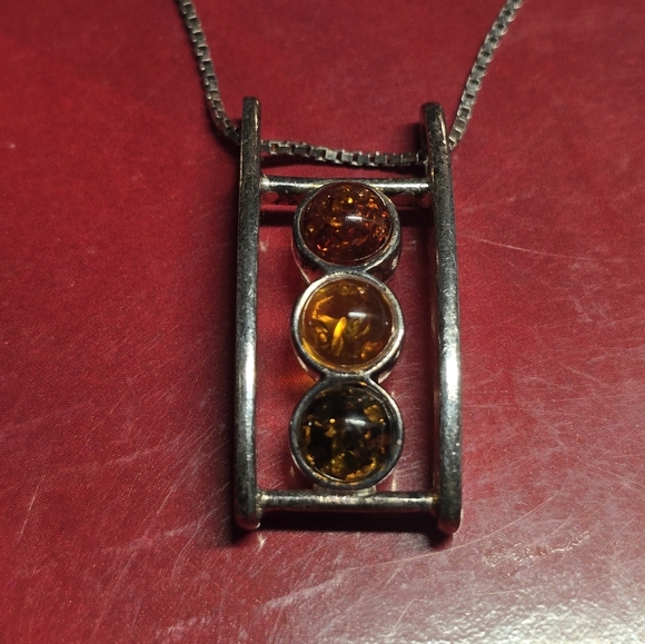 Sterling Silver Pendant Necklace With Three Round Baltic Amber Stones 30" Chain - Picture 2 of 4